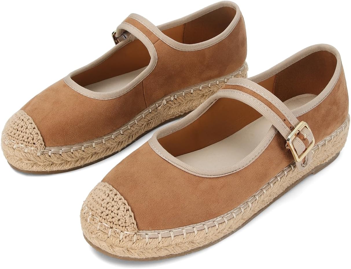 SOVANYOU Mary Jane Espadrilles for Women Round Toe Mary Jane Flats Platform Woven Outsole Ballet Flat with Buckle