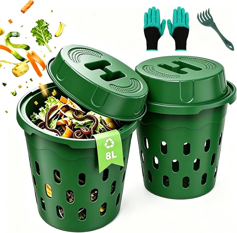 2-Pack Inground Worm Composter, 8L Underground Worm Farm with Aeration & Animal-Proof Lid, Food Waste Recycler for Garden Beds, Easy for Beginners, Green