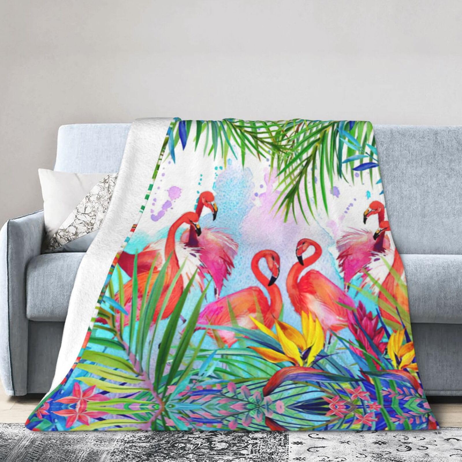 Uusnwaa Soft Cosy Fleece Warm Throw Painted Flamingo Print Blanket