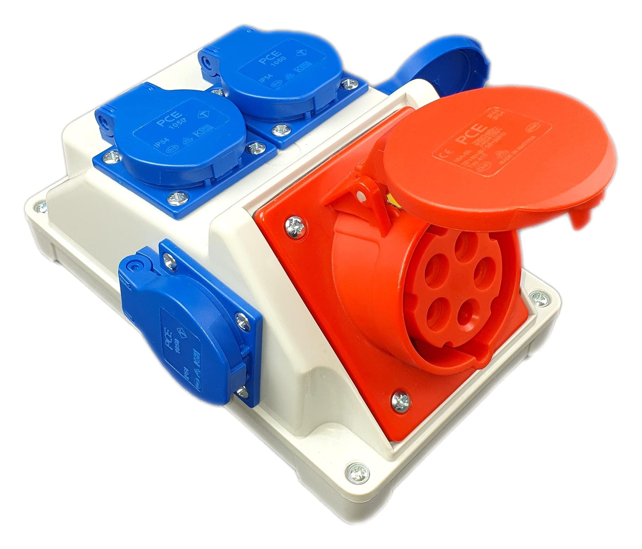 RoadEu - Steckdosenverteiler - CEE Steckdose 16A mit 4x Schuko 230V. Stromverteiler IP44 Für den Innen- und Außeneinsatz Baustromverteiler 16A. Ausschließlich Europäische Komponenten.