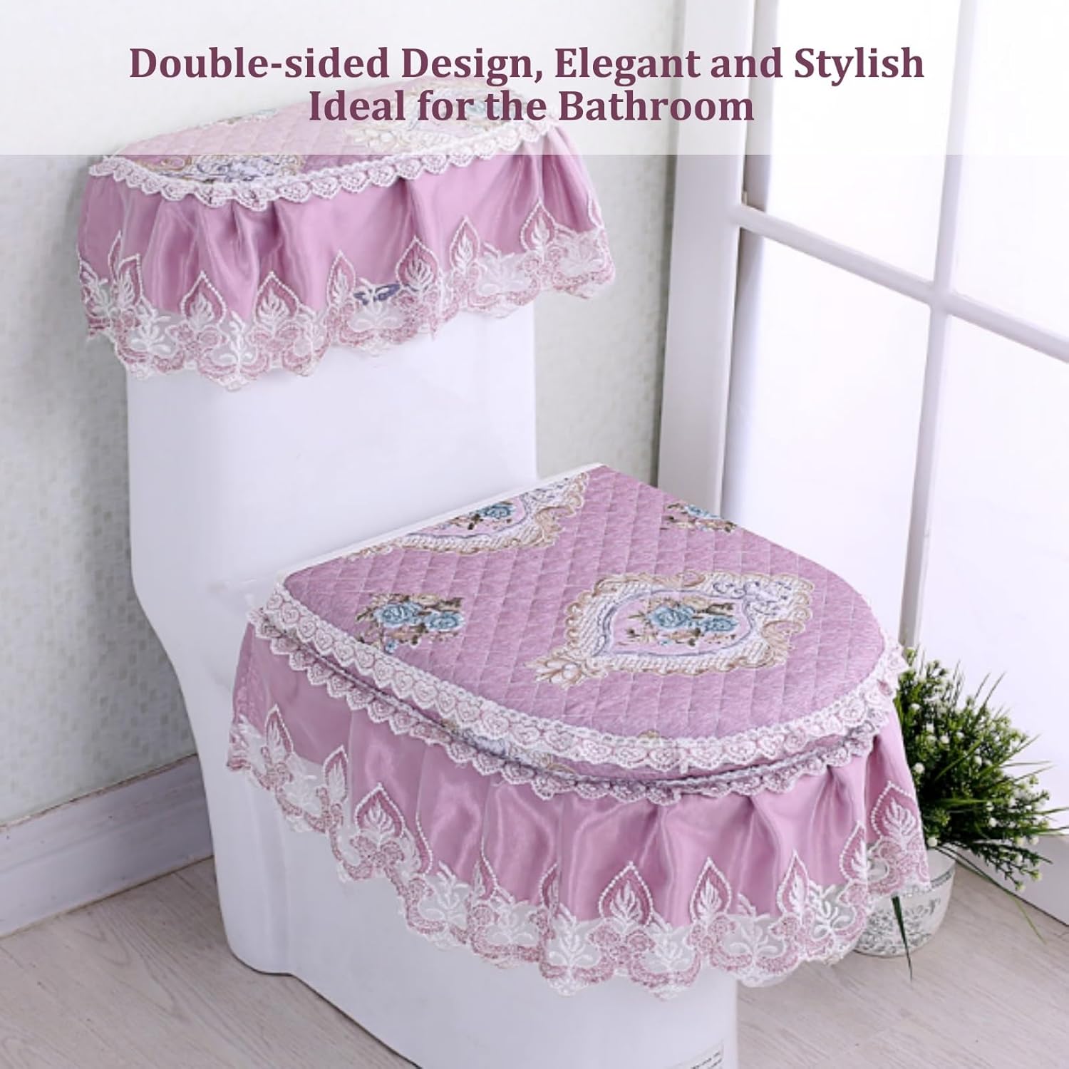 Velvet Embroidery Lace Toilet Mat,Soft Microfiber Bathroom Toilet Lid Cover,Warmer Washable Toilet Seat Cover/Lid Cover/Tank Cover Set, All Seasons,3 Pieces(I)