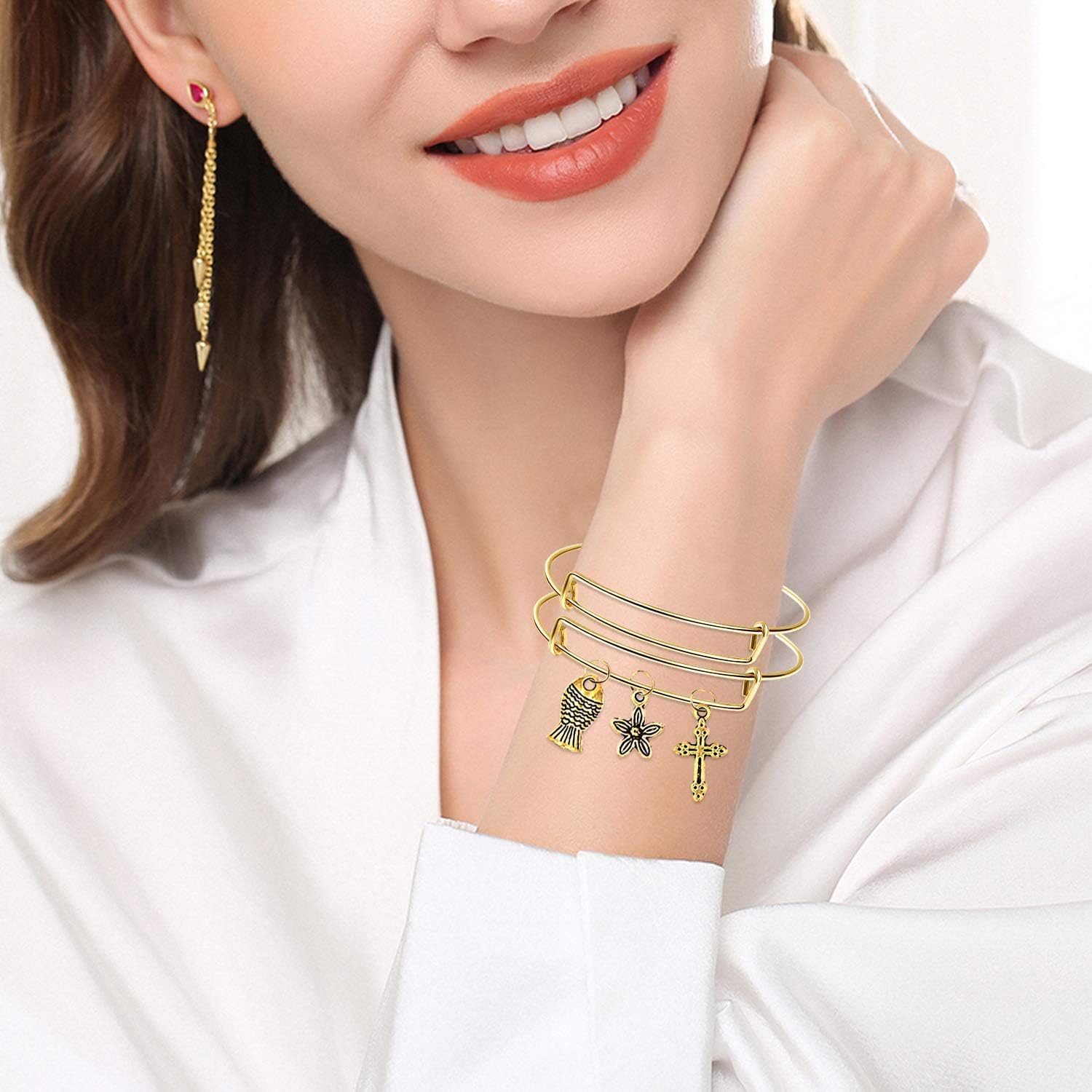 UPINS 30Pcs gold Expandable Blank Bracelets Adjustable Wire Bangles with 100Pcs Tibetan Silver Charms, 200Pcs Open Jump Rings for Jewelry Making - Image 6