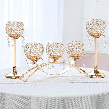Set of 3 Gold Crystal Tea Light Candlestick Holders Flower Shape with Crystal Pendant Bowl Votive Metal Candle Holder for Table Centerpieces Wedding Home Decor Set of 3, Gold