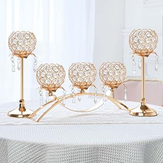 Set of 3 Gold Crystal Tea Light Candlestick Holders Flower Shape with Crystal Pendant Bowl Votive Metal Candle Holder for Table Centerpieces Wedding Home Decor (Set of 3, Gold)