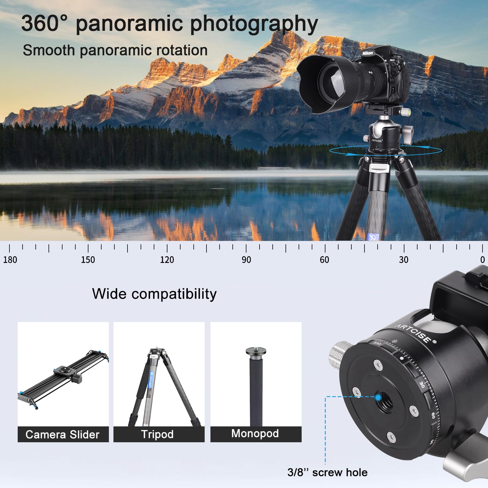 Testa a sfera a profilo basso ARTCISE, testa per treppiede in metallo da 50 mm compatibile con piastra di sgancio rapido Arca 1/4" per treppiede monopiede fotocamera DSLR, capacità di carico: 30kg