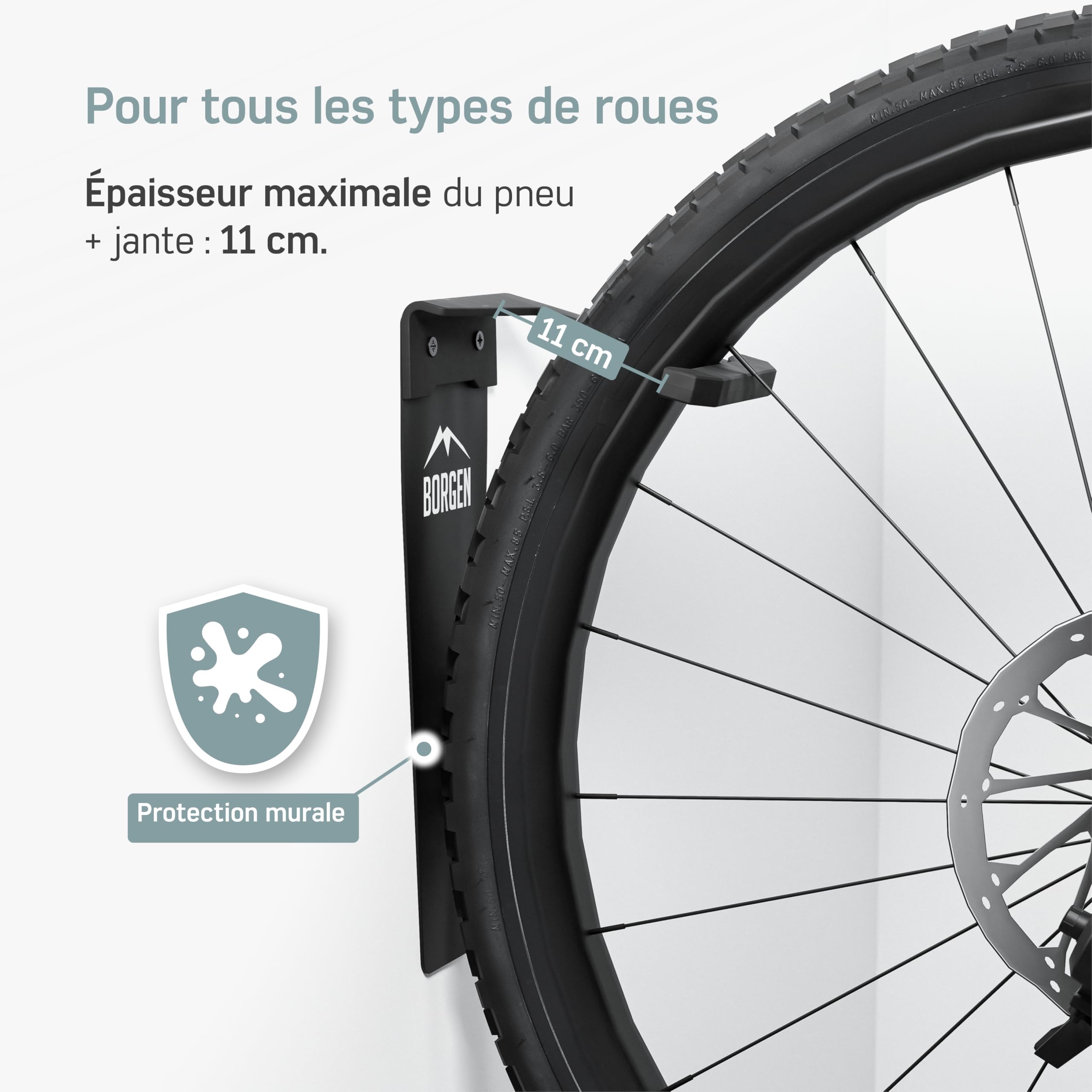 Support Mural pour vélos Borgen | Montage Vertical pour vélos électriques, VTT, vélo de Course en Noir Mat | Suspension de vélo pour Appartement et Garage avec Coussinets