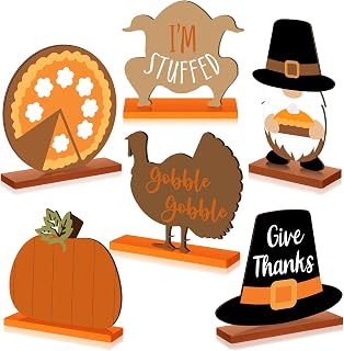 Barydat 6 Pcs Thanksgiving Table Decorations Wooden Turkey Decor | Thanksgiving Centerpieces for Table, Fall Pumpkin Gnome Sign for Kitchen, Harvest Desk Shelf Office Tiered Tray Decor