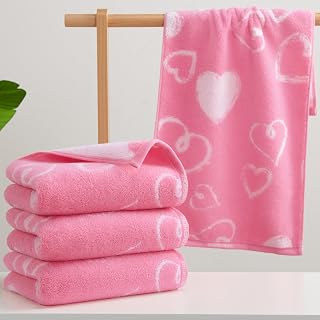 VOOVA & MOVAS Pink Hand Towels 4 Pack, 100% Cotton, 13x28 in | Ideal for Bathroom Decor & Gifting, Built-in Hanging Loop, Heart Pattern, Soft Lightweight Texture