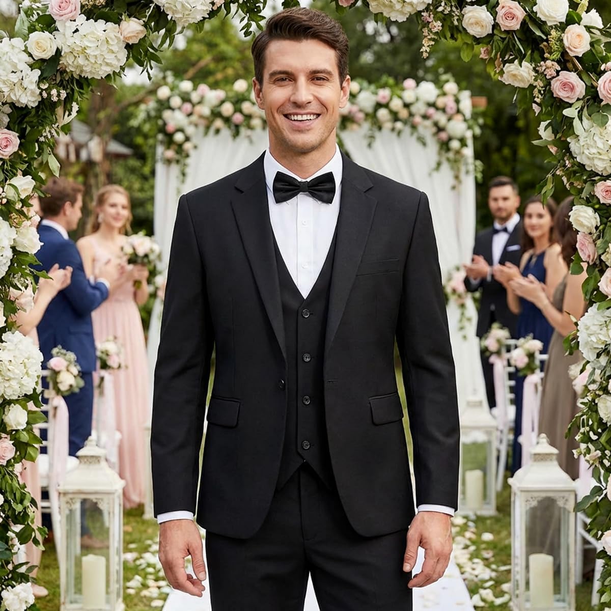 Men's 3-Piece Slim Fit Suit with Bow Tie, Single Button Blazer Vest Pants Set for Wedding Business, Formal Suit for Men - Image 2