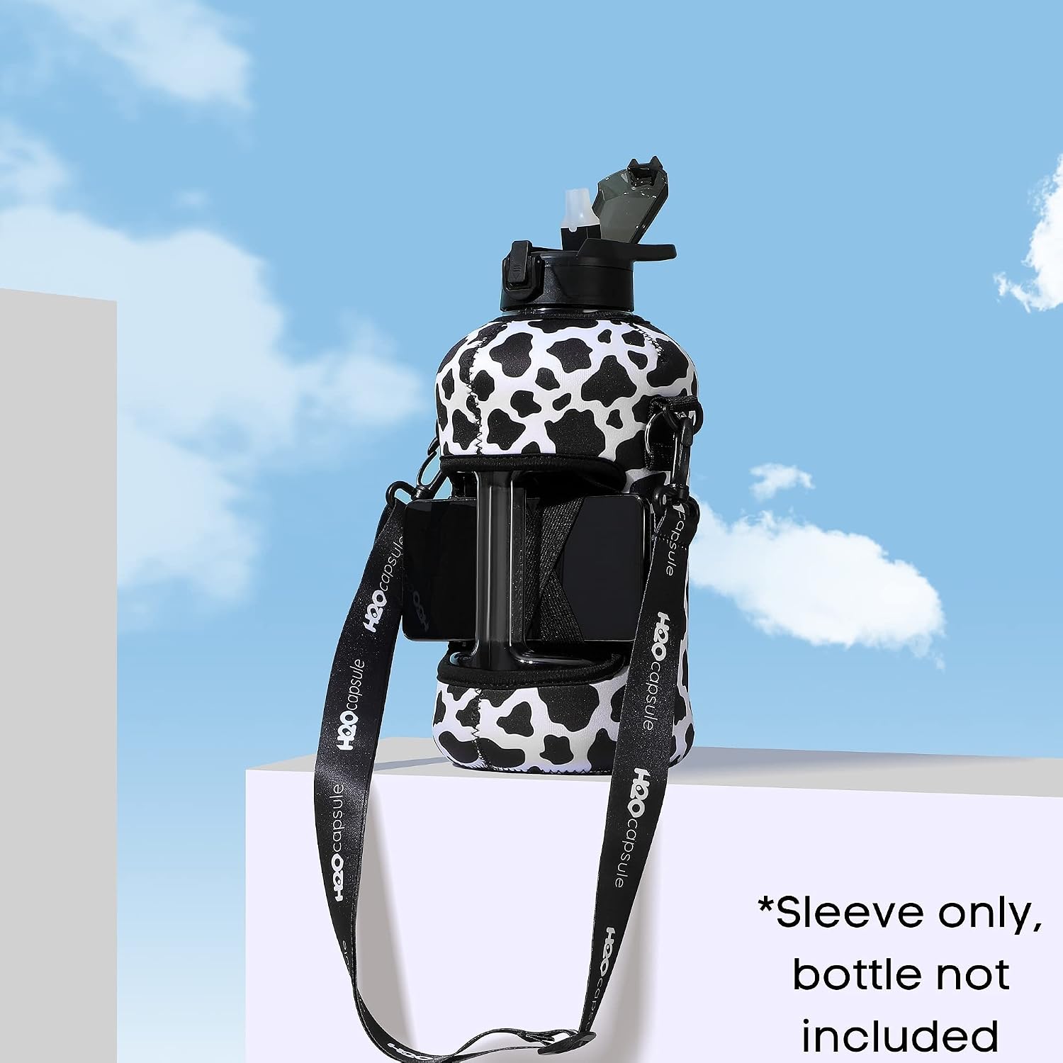 H2O Capsule Water Bottle Holder with Shoulder Strap - Half Gallon Water Bottle Accessories – Neoprene Sleeve with Phone Holder – 74oz Drink Bottle Carrier for Walking and Hiking