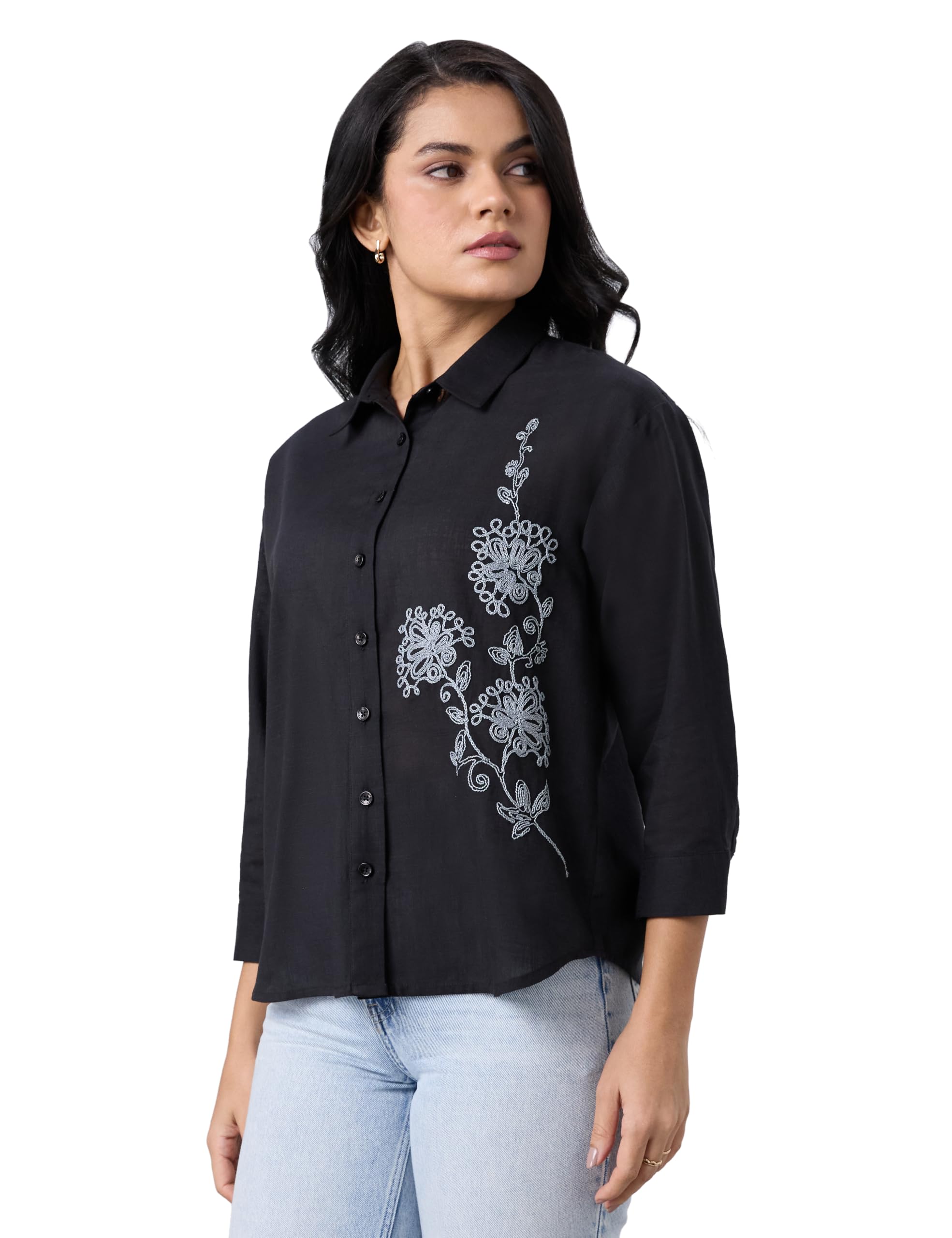 symbol premium Women's Embroidered Cotton Shirt | 3/4 Sleeve Button-Down with Floral Embroidery (Available in Plus Sizes)-picture-19