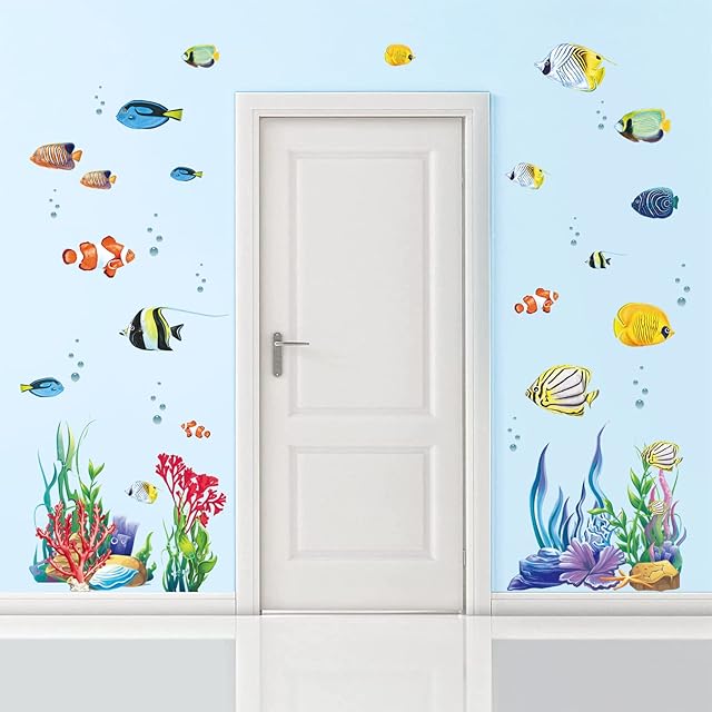 wondever Under The Sea Tropical Fish Wall Stickers Ocean Seaweed Peel and Stick Wall Art Decals for Baby Nursery Kids Bedroom Bathroom