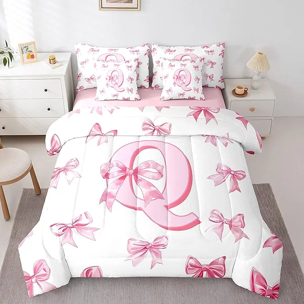 Erosebridal Pink Dreamy Princess Style Bedding Set for Kids Girls Teen,Initial Letter Q Twin Comforter Set 7 Piece Cute Kawaii Bowknot Bed in A Bag with Sheets Romantic Watercolor Bow Bed Set