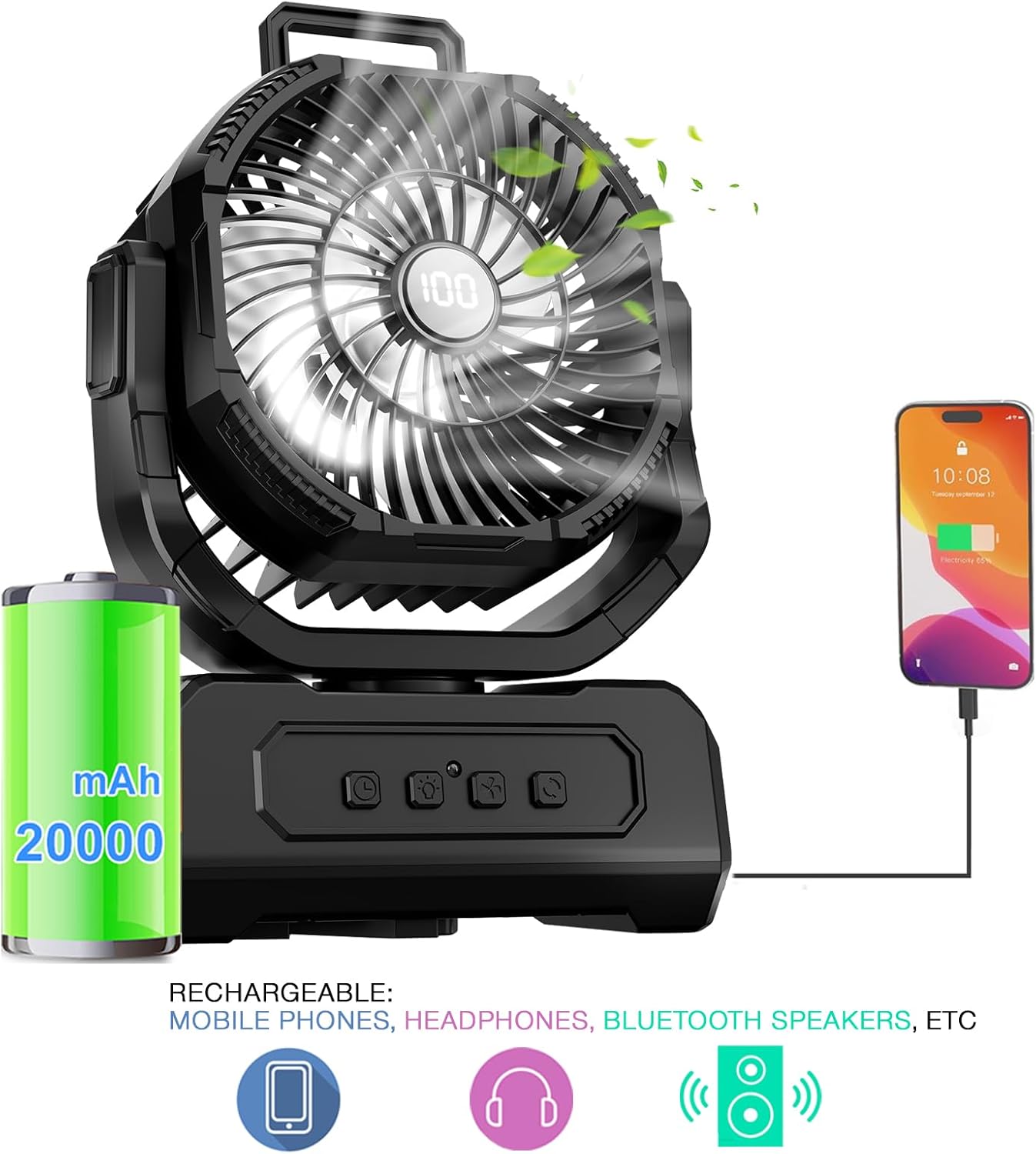 Rechargeable Camping Fan with Light - Solar Powered, USB/Battery Operated with Remote, 10400mAh, 4-Speed Adjustable, LED Lantern, Suitable for home and outdoor use.（Black）