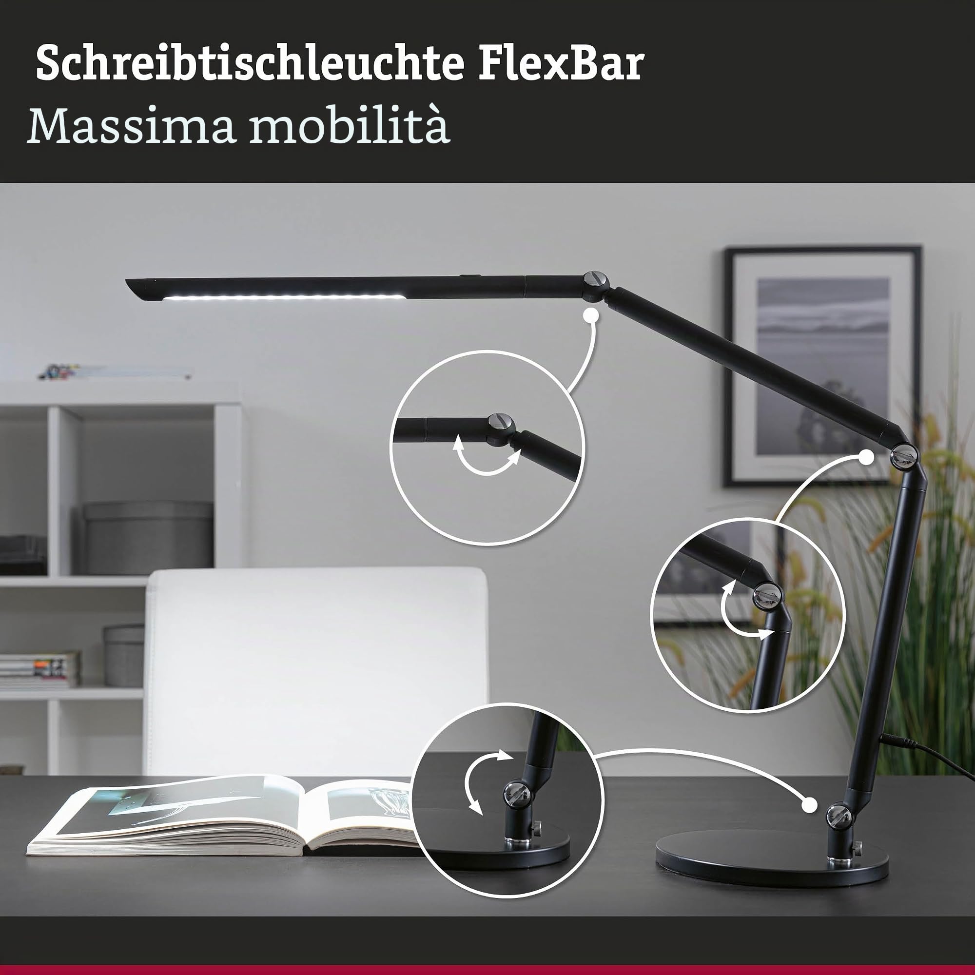 Paulmann 78912 scrivania a LED FlexBar Switch Tunable White incl. 1 Lampada da Tavolo da 10,6 Watt, dimmerabile, Colore Nero, 3000 K