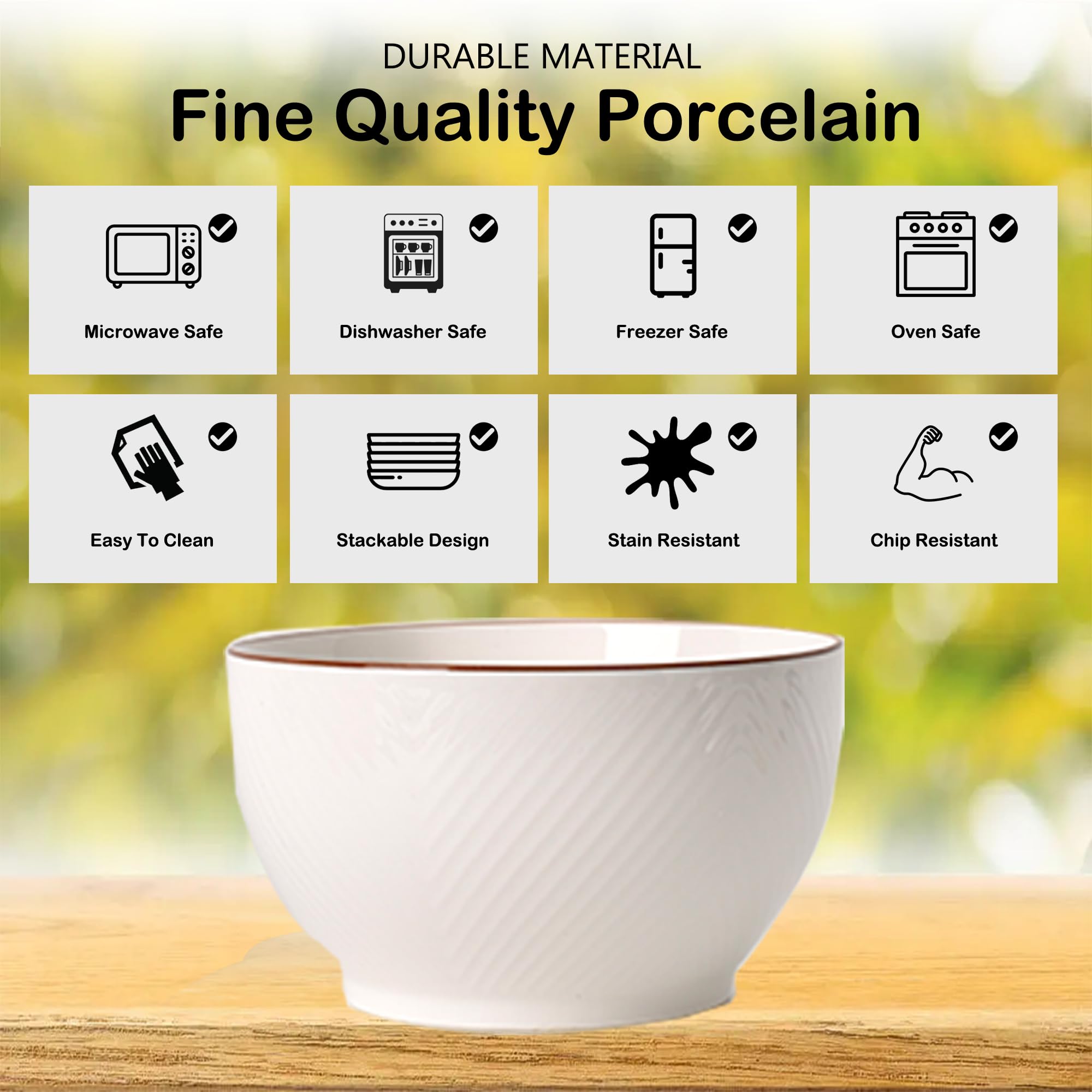 Cuenco hondo de porcelana mediana con patrón de cuadrícula blanca de 5.8 pulgadas para cena, avena, postre, arroz, fideos, ramen, etc. Apto para lavavajillas y microondas