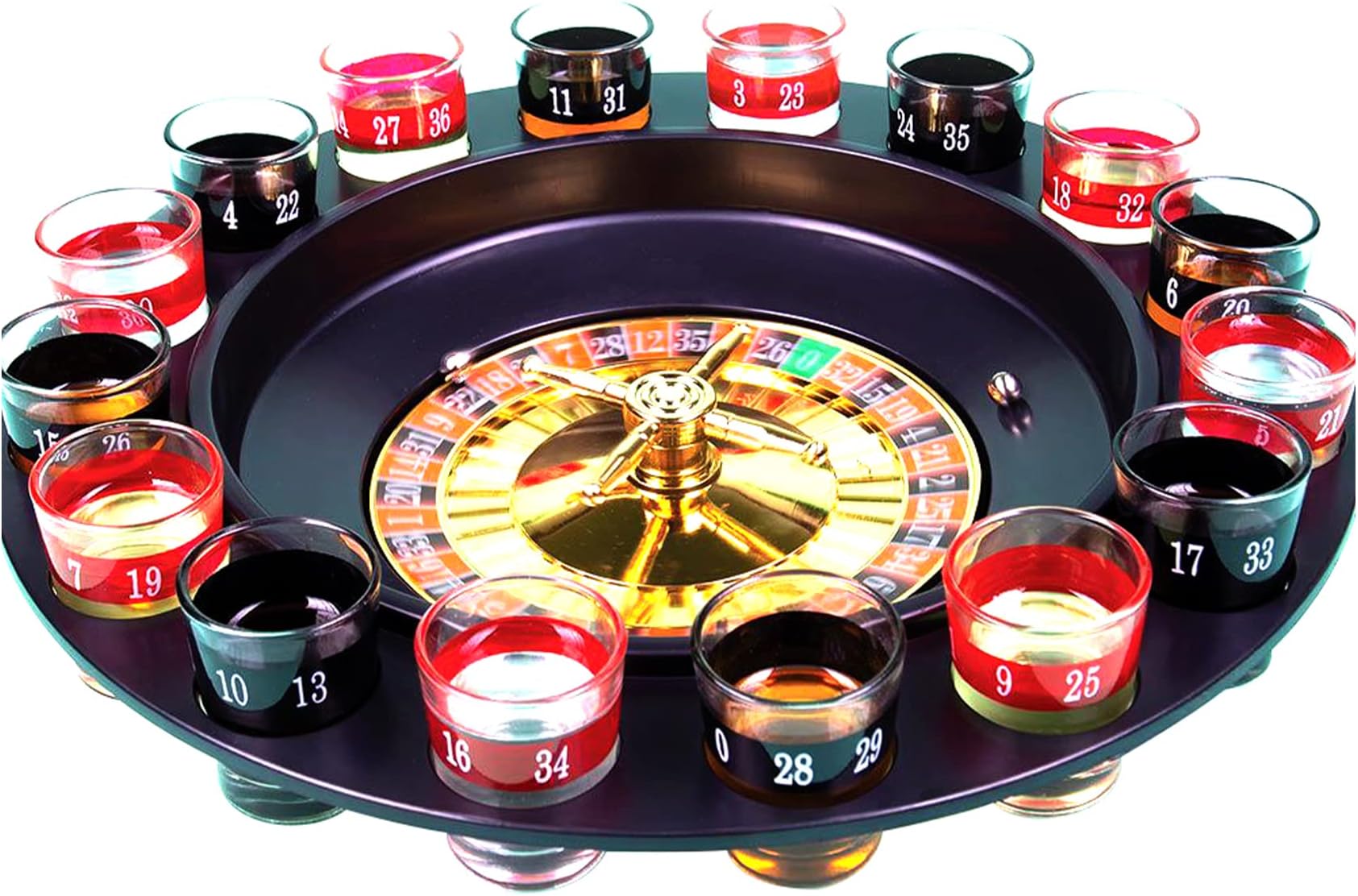 Straame Roulette Drinking Game for Parties, 16 Numbered Black and Red Glasses Sturdy Roulette Spinning Game Set - Securely Package - 2 Metal Balls Included (1)