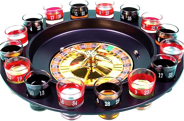 Straame Roulette Drinking Game for Parties, 16 Numbered Black and Red Glasses Sturdy Roulette Spinning Game Set - Securely Package - 2 Metal Balls Included