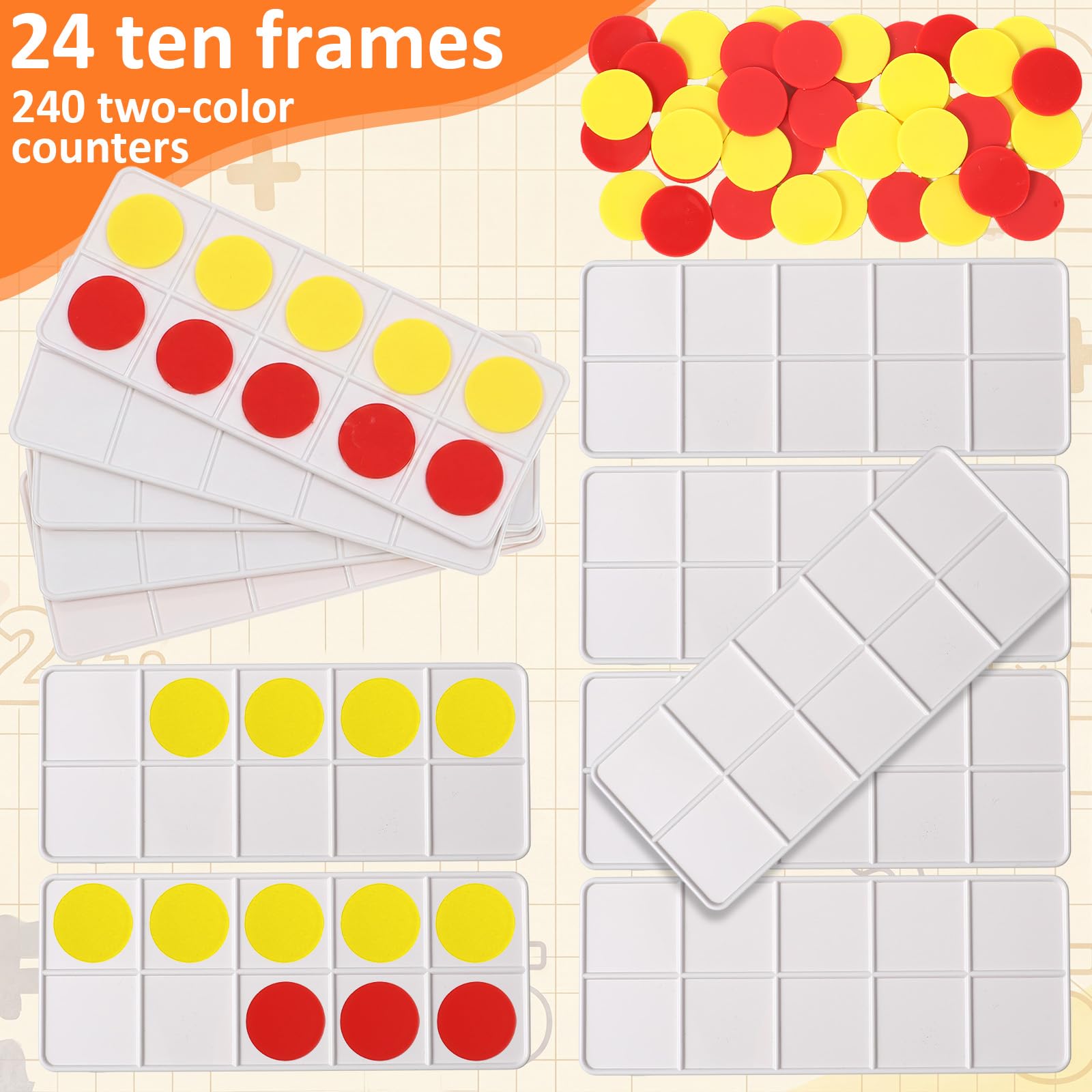 Soulchen Lot de 24 cadres en plastique pour la salle de classe - Manipulatives de mathématiques pour enfants - Fournitures comprenant 24 cadres en plastique - 240 compteurs pour enseigner les concepts