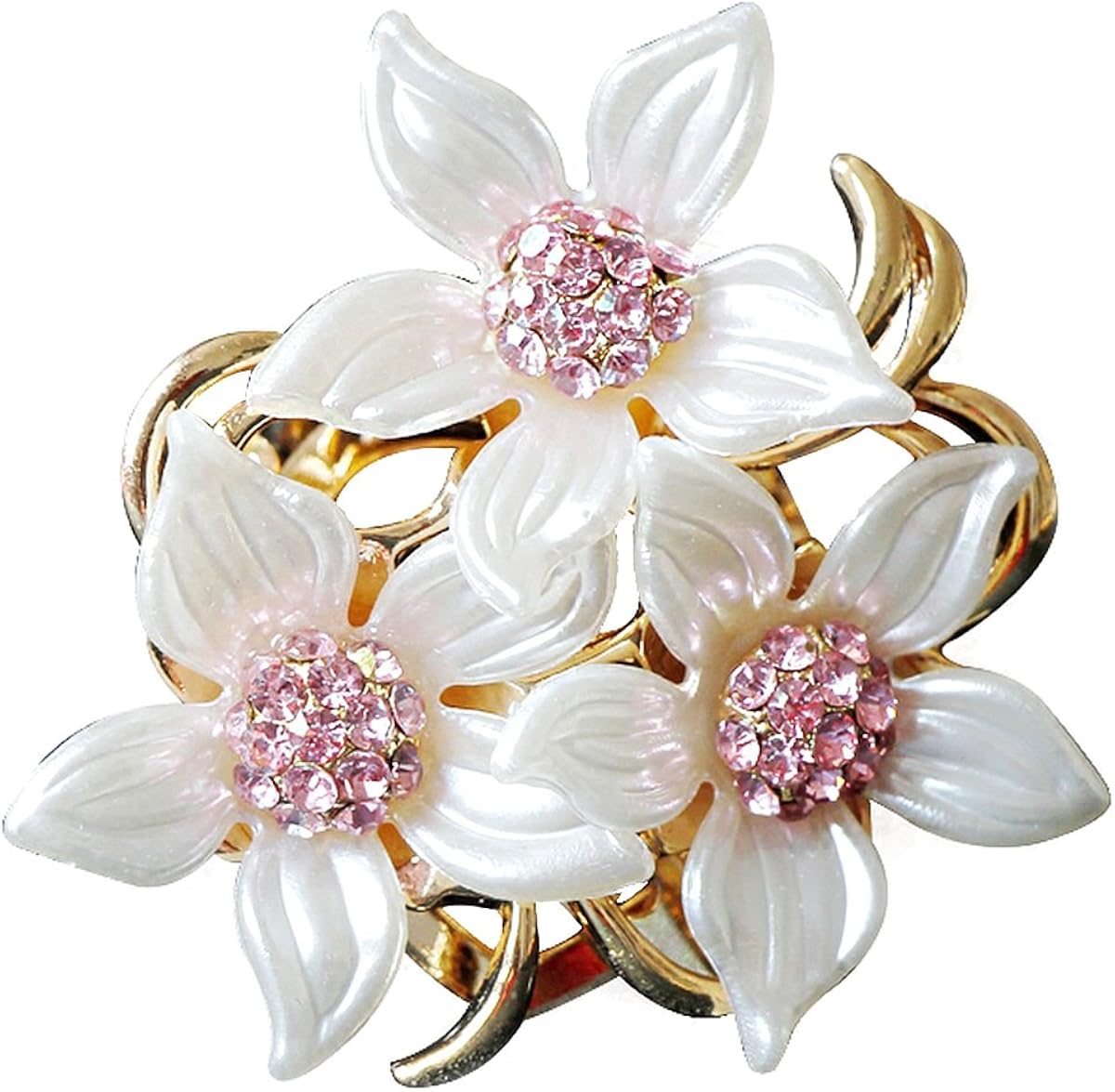 Merdia Elegant Flower Crystal Brooch Pin for Women Girls 17.5g, White, Gold, Pink, 4.8cm