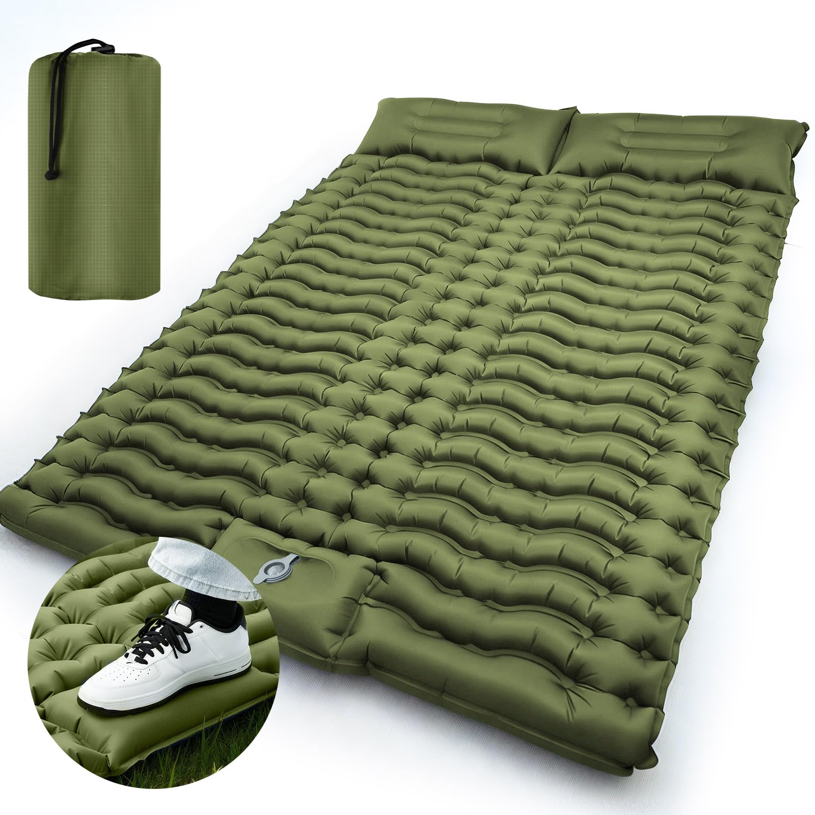 LAMA Double Self Inflating Camping Mat with Pillow, 10CM Thick Sleeping Mat, Wide Inflatable Camping Mattress for 2 Persons, Compact Inflatable Roll Camp Mattress for Hiking Backpacking, Green