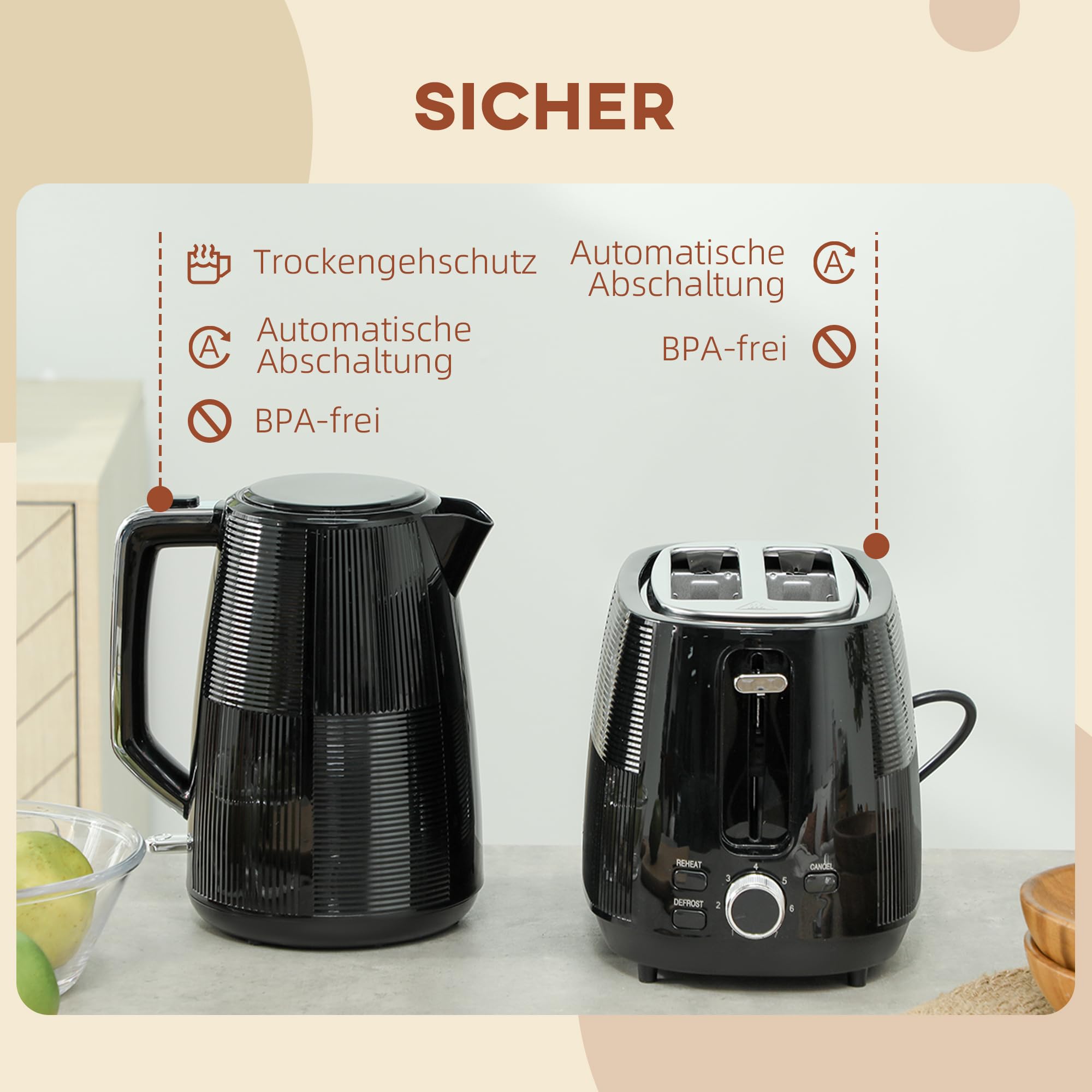 HOMCOM Bouilloire électrique Set grille-pain 2200 W 1,7 litre Bouilloire électrique Double fente Set petit-déjeuner avec filtre anticalcaire, 7 niveaux de torréfaction, fonction décongélation &