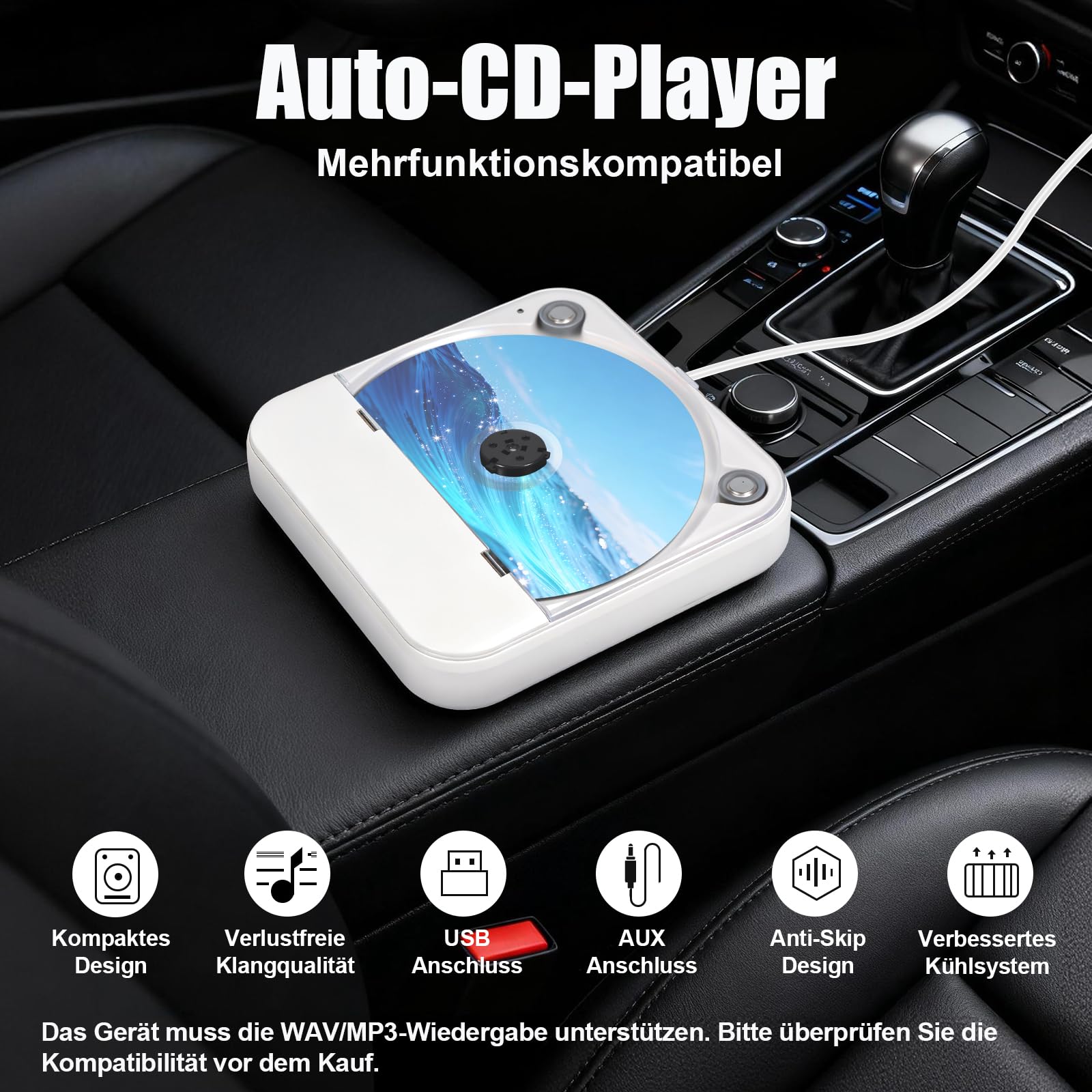 CD Player für Auto,Extern Universal Auto CD Player mit USB-Anschluss, AUX-Anschluss, Extra Controller, Kompatibel mit Laptop, PC, Fernseher, CD Laufwerk kompatibel mit Android Autoradio (Weiß)
