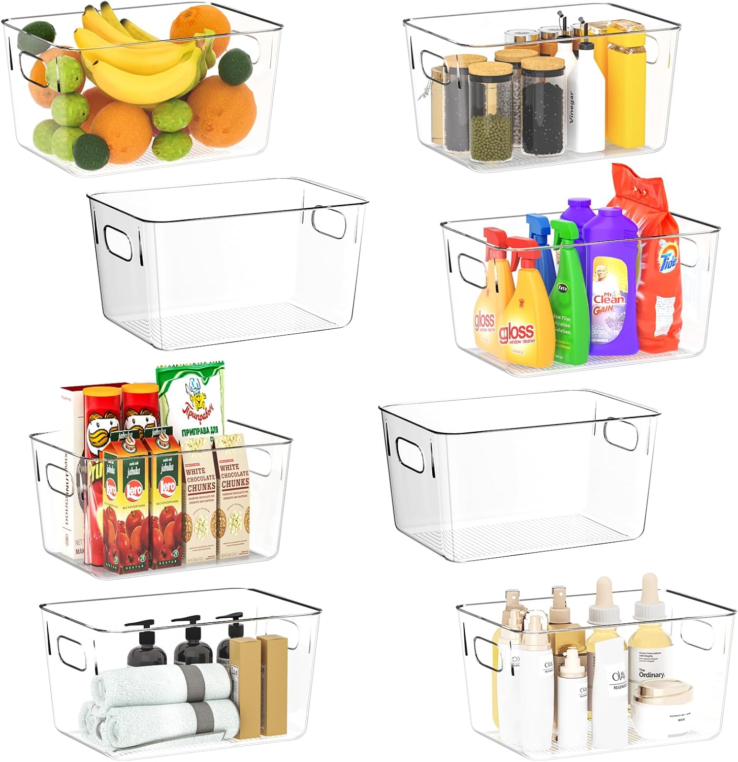 8-Pack Clear Plastic Pantry Organizer Bins with Handles