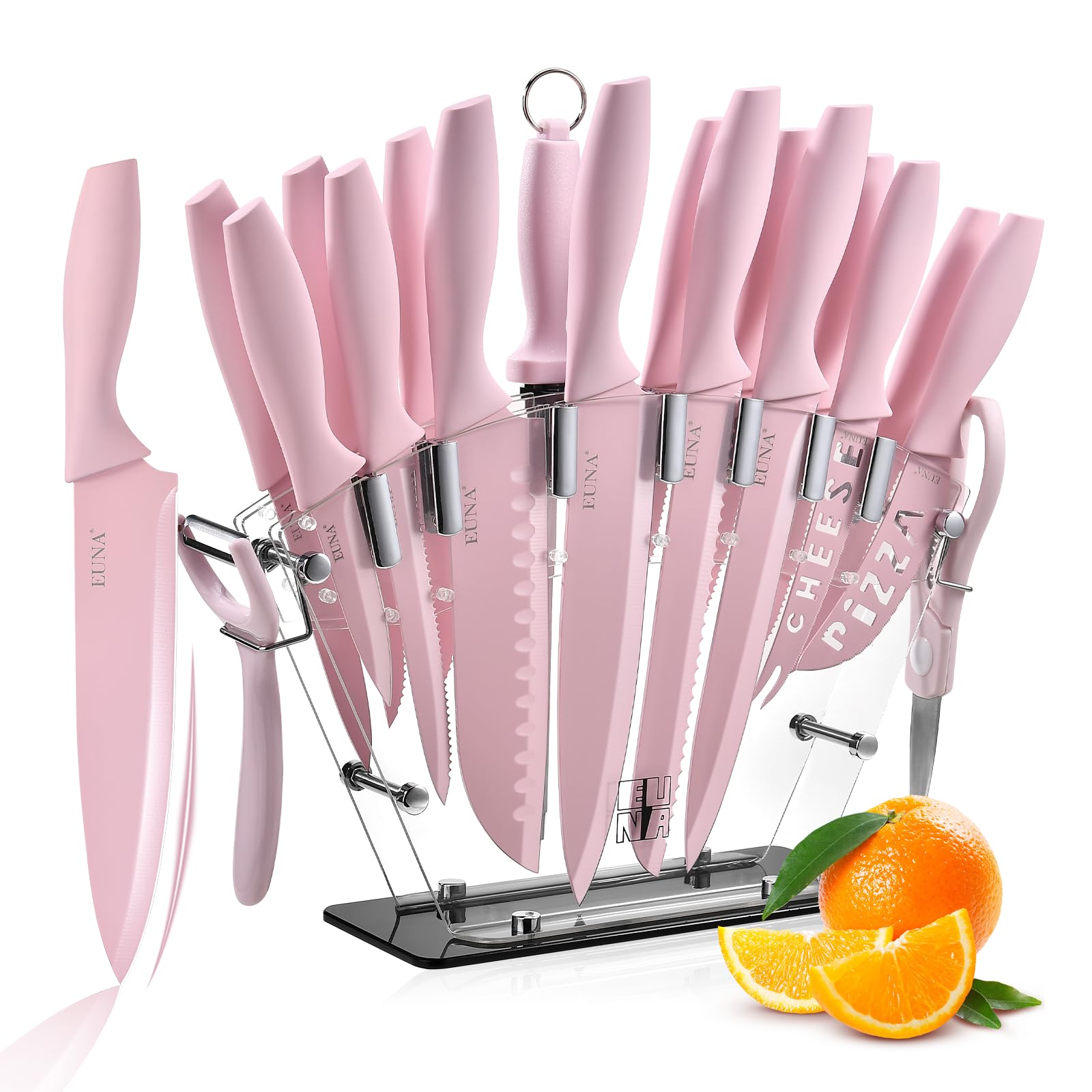 EUNA Knife Block Set 19 PCS Kitchen Knife Set with Acrylic Block and Sharpener German High-Carbon Stainless Steel