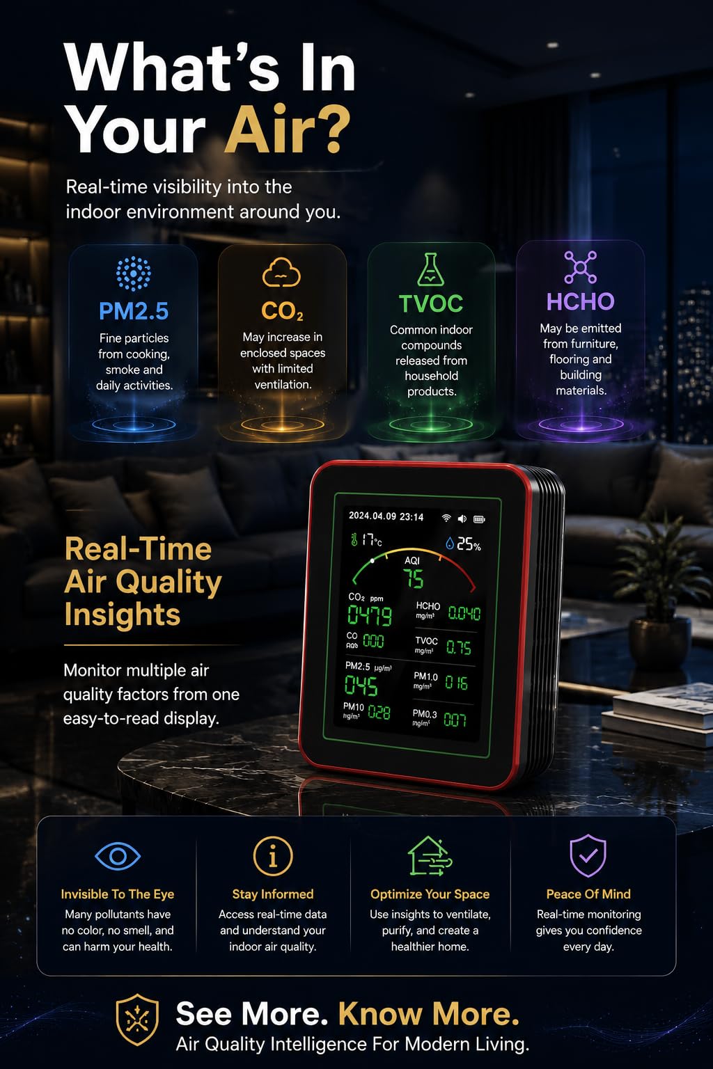 Professioneller 15-in-1 Luftqualitätsmessgerät mit App – CO₂-Messgerät, Feinstaubmessgerät PM2.5/PM10, VOC-Messgerät, Dual-Chip & Echtzeit-AQI-Warnungen