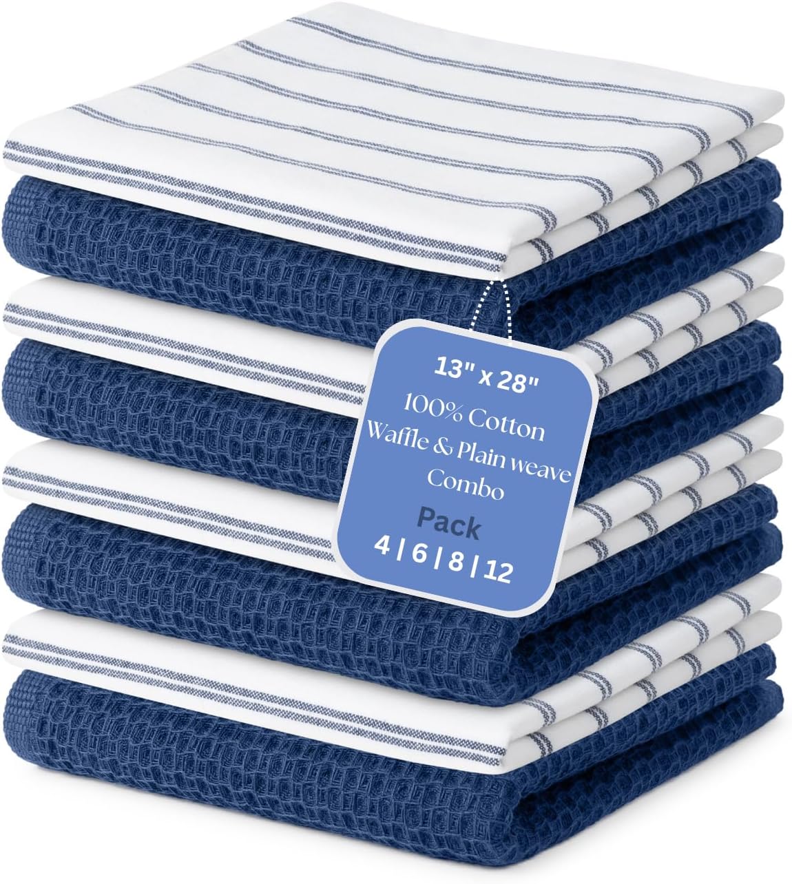 Quick-Drying Kitchen Towels Set of 8 (13"x28") - Cotton Waffle & Plain Weave Dish Cloths | Absorbent Tea Towels for Drying Dishes | Hand Towels | White & Blue Striped Farmhouse Design & Blue Waffle