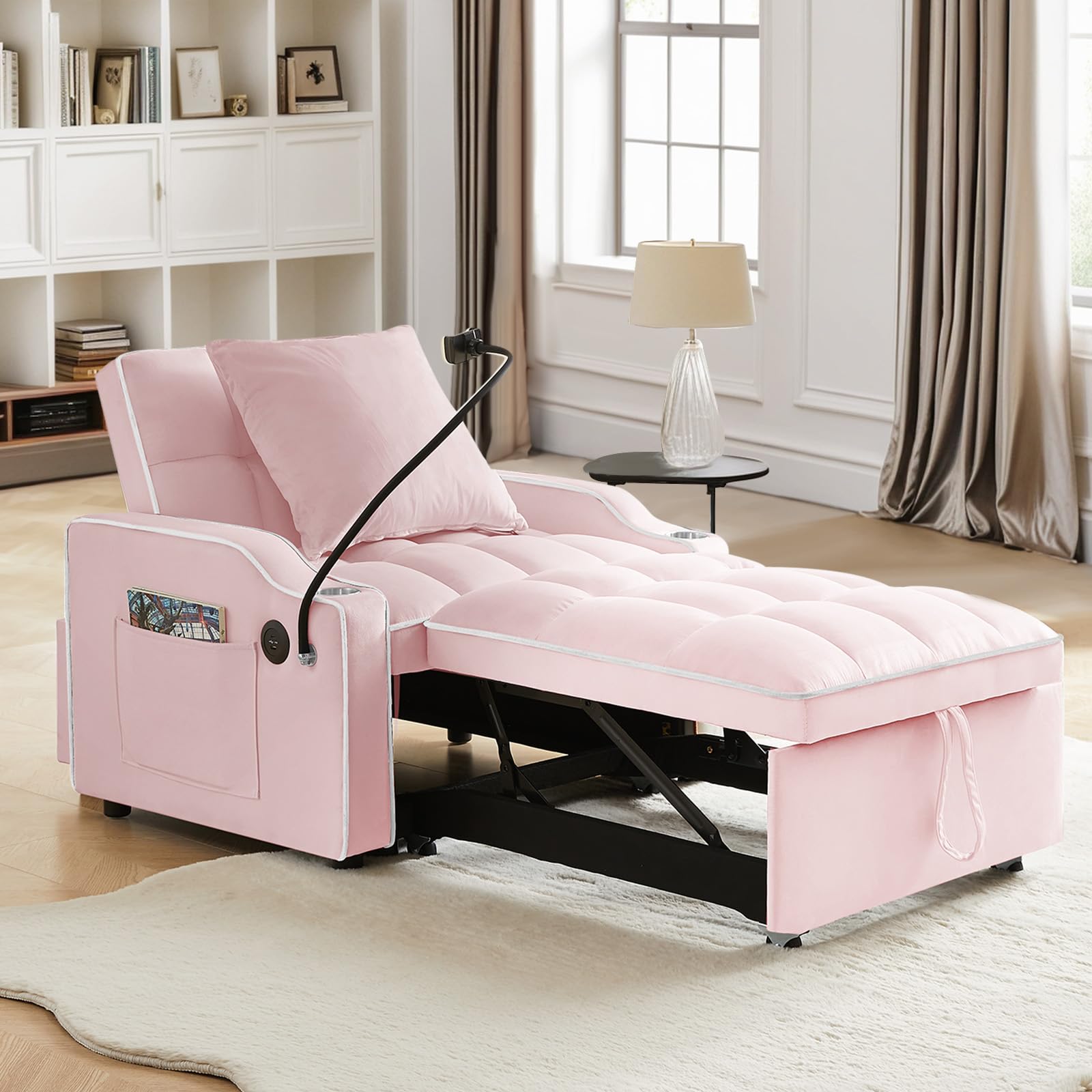 Antetek Sleeper Sofa Chair Bed with Charging Ports & Phone Holder & Cup Holder, Modern Velvet 3 in 1 Convertible Pull Out Sofa, Single Chair Bed for