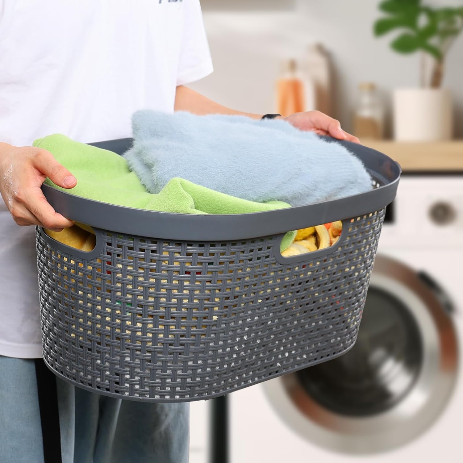 40 L Large Plastic Laundry Basket with Handles, 4 Pack Plastic Clothes Laundry Basket, 22.44" L x 14.96" W x 10.31" H, Gray