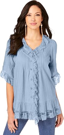 Roamans Womens Plus Size Whitney Lace Shirt