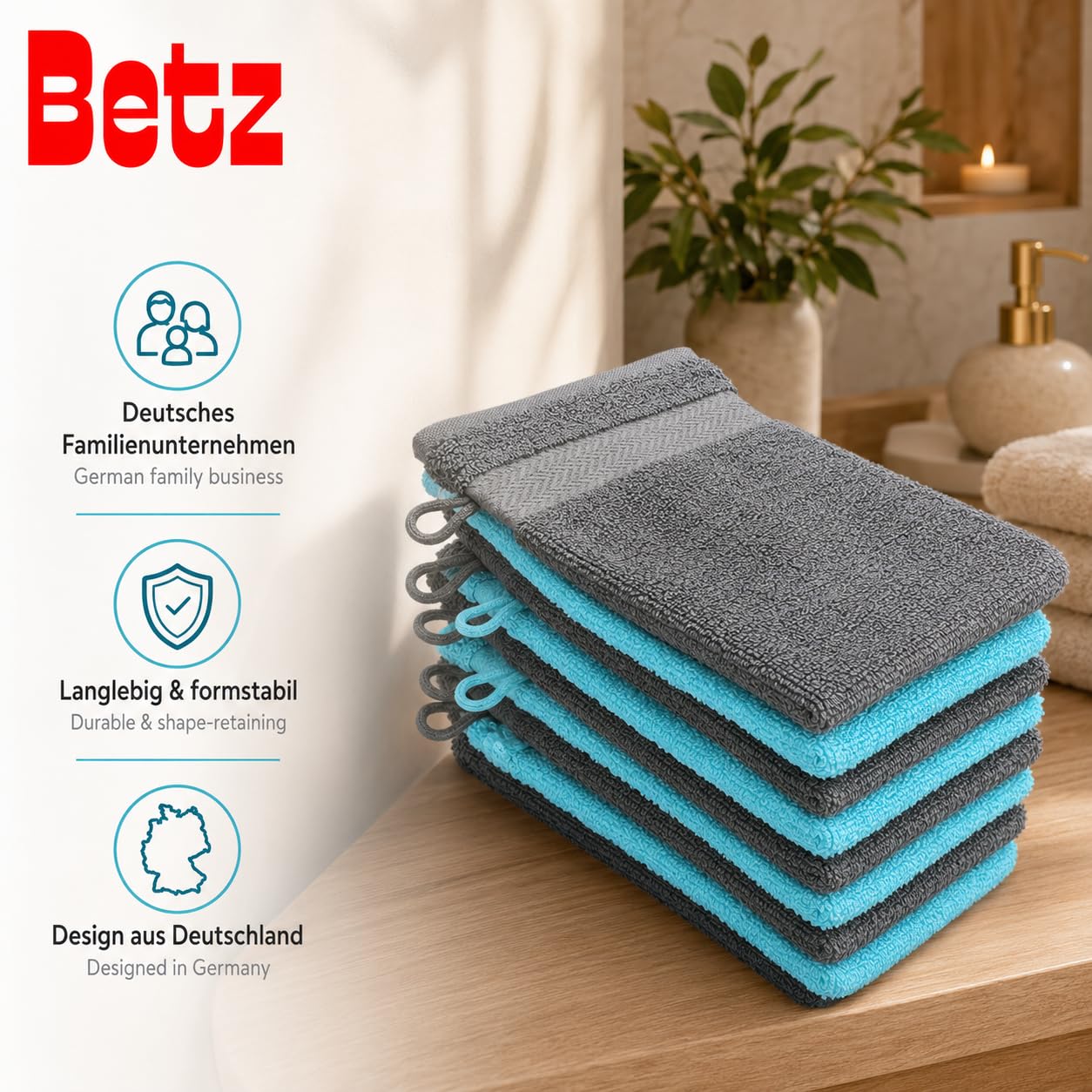 Betz Paquete de 10 Manoplas de baño Premium 100% algodón 16x21cm de Color Gris Antracita y Turquesa