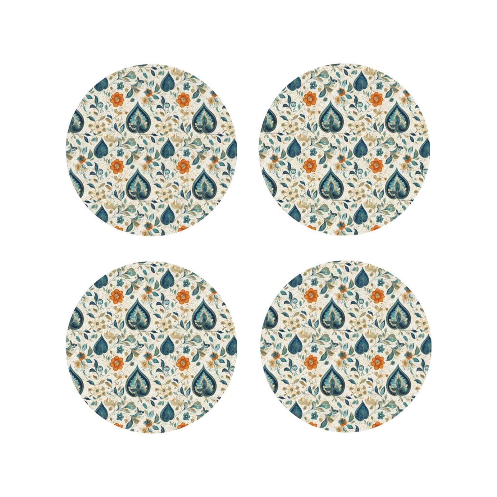 Leather Coasters Set of 4 - Retro Pattern Print Lightweight Drink Coasters for Desk