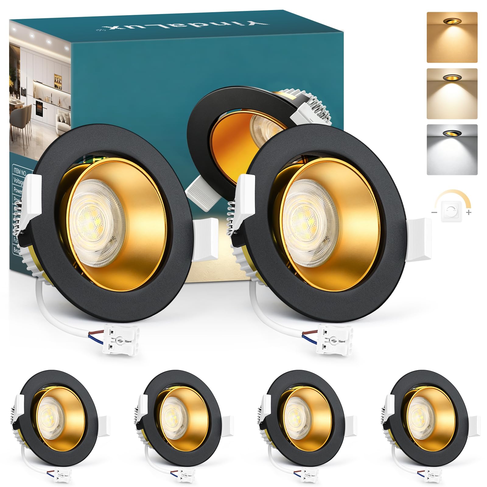 YindaLux 6X Faretti LED da Incasso 230V Dimmerabili, 5W 550LM 3000K/4000K/6500K, Faretti da Soffitto Orientabili IP44, Riflettore Profondo, Modulo LED Rimovibile, 38°/120°, Foro Ø75-80mm, Nero Oro
