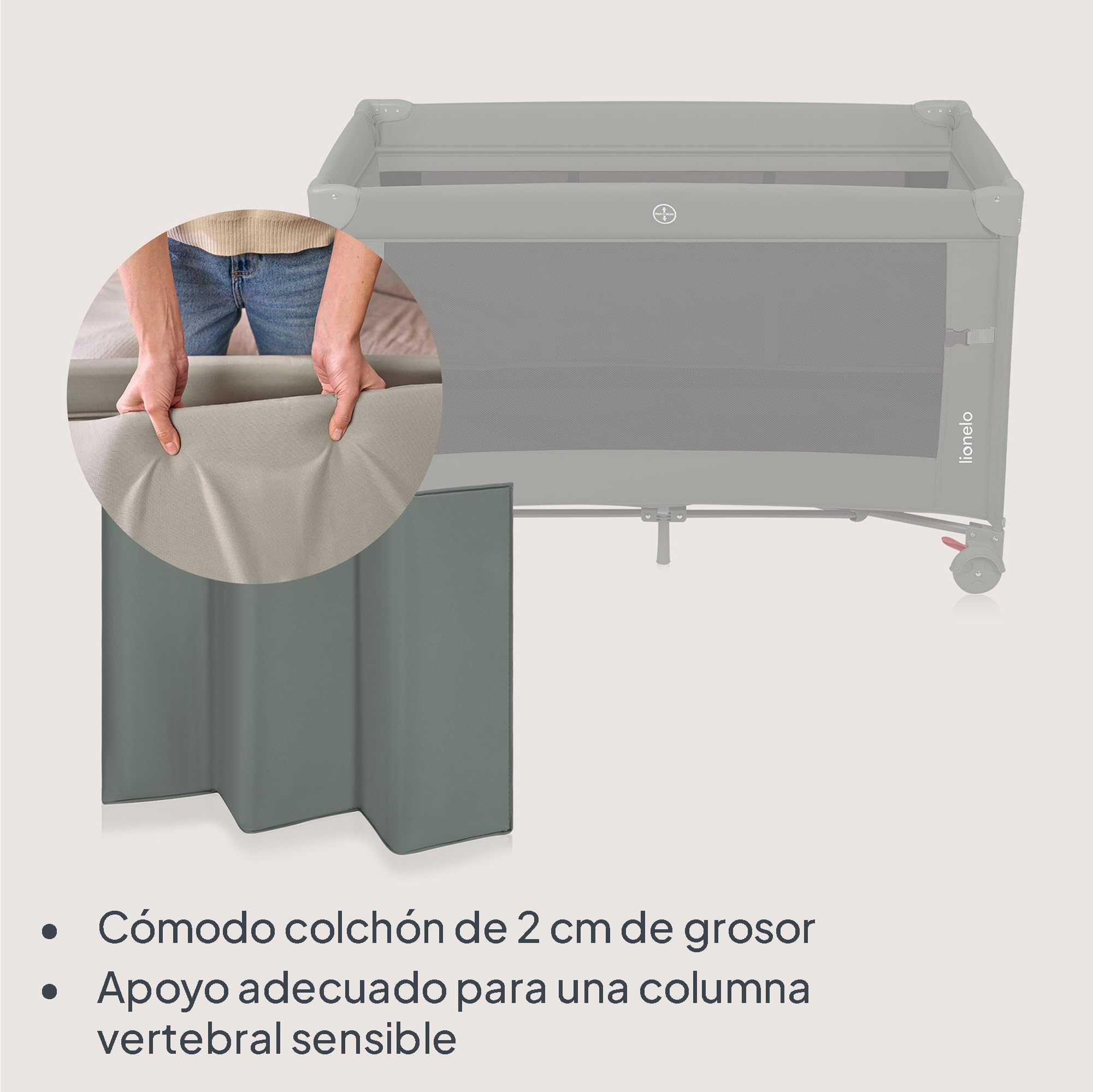 LIONELO ELLEN Cuna de viaje 3 en 1 de 0 a 3 años, Cuna Colecho para Recién Nacidos y Mayores hasta 15 kg, 2 Alturas de Colchón, Correas de Amarre, Entrada Lateral con Cremallera, 2 Ruedas Bolsa