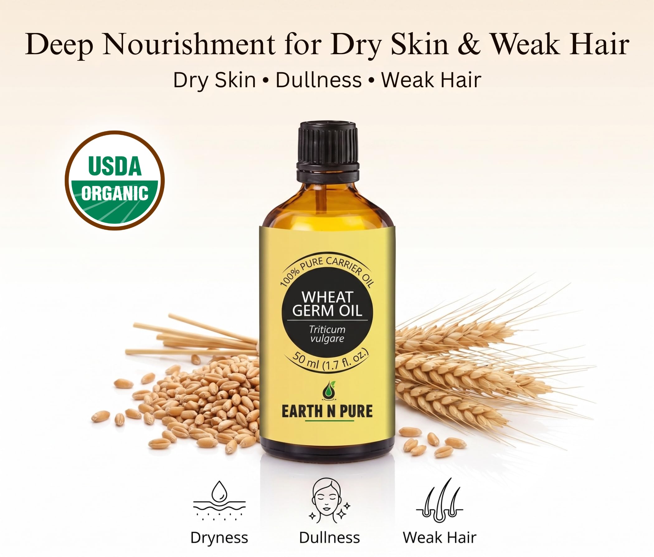 Earth N Pure Wheat Germ Oil 100% Pure & Natural Rich in Vitamin E for Skin Care, Hair Growth & Face β Cold Pressed Wheatgerm Oil for Massage, DIY & Aromatherapy- 15ml 1