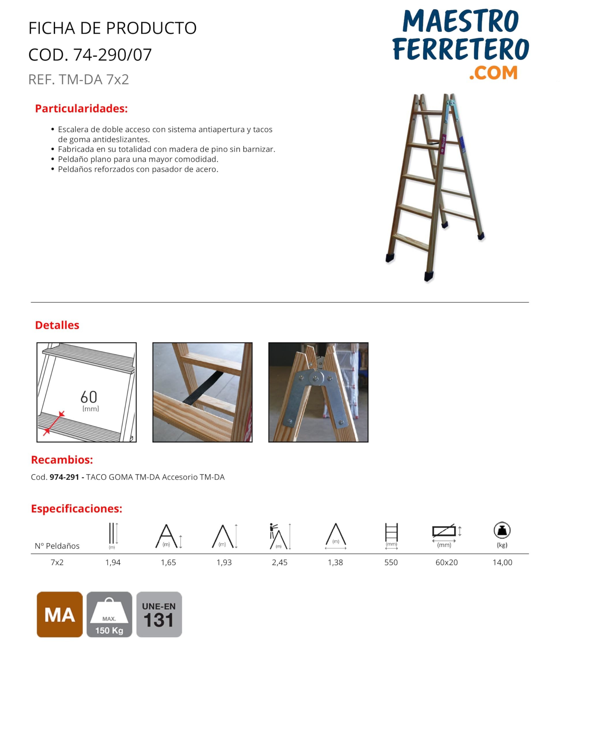 TM-DA Escalera Tijera Doble Acceso de Madera de Pino 7x2 Peldaños 150 kg