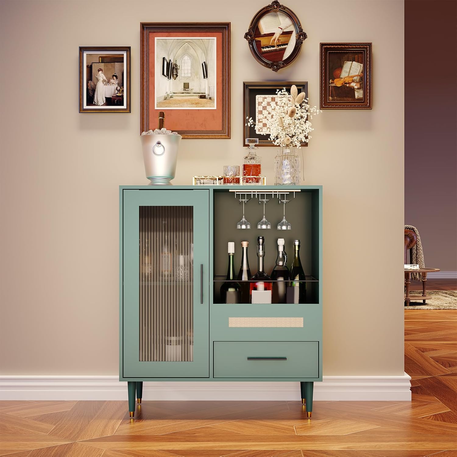 Garvee Wine Bar Cabinet with Tempered Glass Door & Rack, 30.7" Freestanding Modern Buffet Sideboard for Dining Room, Kitchen Coffee Bar & Liquor Storage Cabinet with Drawers and Glass Holder