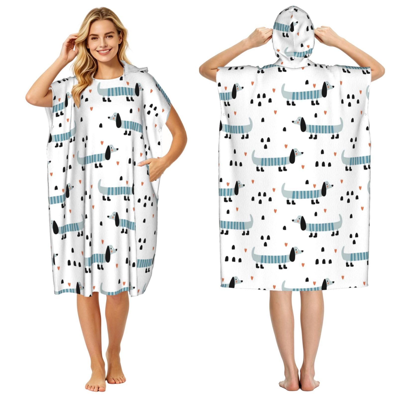 Poadnly Cute Dachshund, Adult Hooded Beach Towel 90 x 110 cm,Changing Bath Robe, Surf Poncho Towel For Women Men