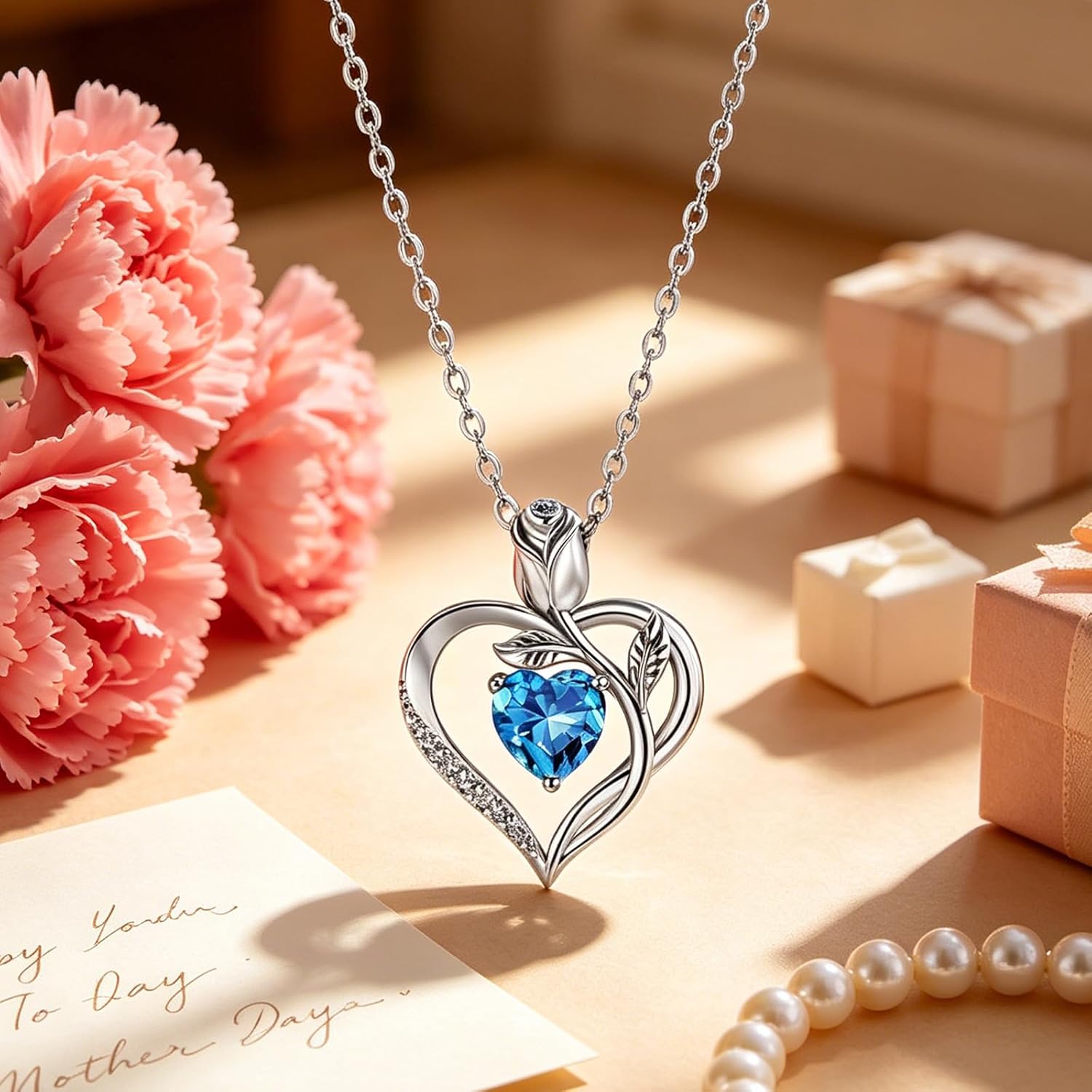 1.2CT Rose Heart Necklace Option of Moissanite or Lab-Grown Sapphire Ruby Emerald&More Necklace for Women Birthstone Girlfriend Necklace S925 Sterling Silver 18K White/Rose Gold Plated D Color VVS1 Gift for Wife Mother Daughter for Birthday Anniversary Mothers Day Necklace for Mom Engraved 'I LOVE YOU' Flower Floral Necklace