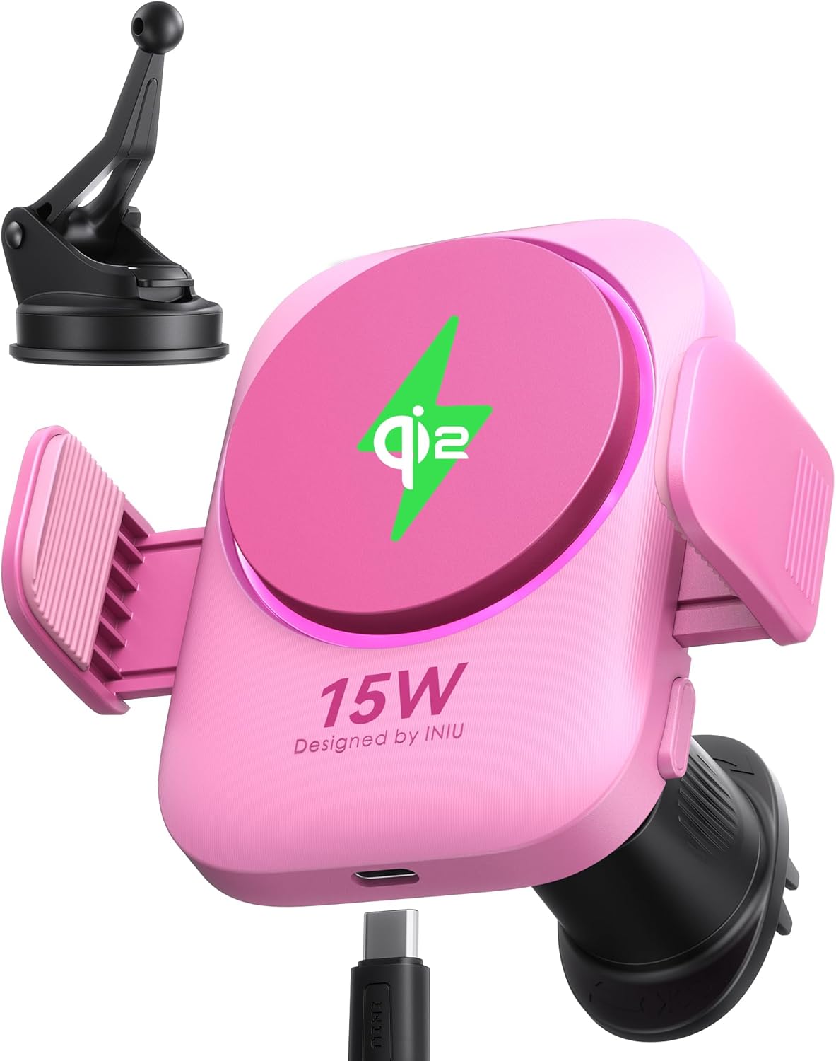 INIU Qi2 Certified 15W Car Phone Holder Wireless Charger, Ultra-Stable 22N for MagSafe Car Mount Charger with Cooling Fins & RGB Lighting Only for iPhone 16/15/14/13/12 Series, Pink