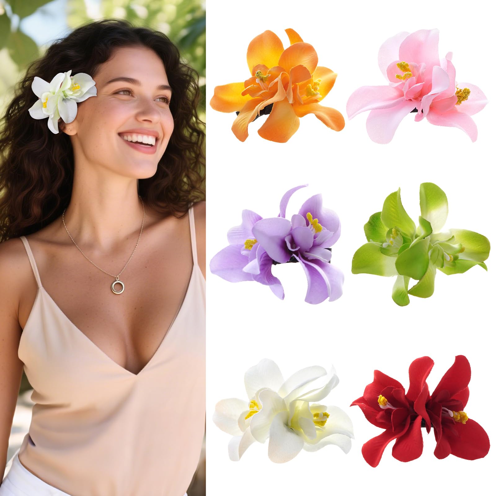 JTYKUYR 6PCS Hawaiian Flower Hair Clips for Women Artificial Flower Clips 3.5 Inch Bohemian Hairpin for Vacation Beach Party Girls Gifts (Yellow+Pink+
