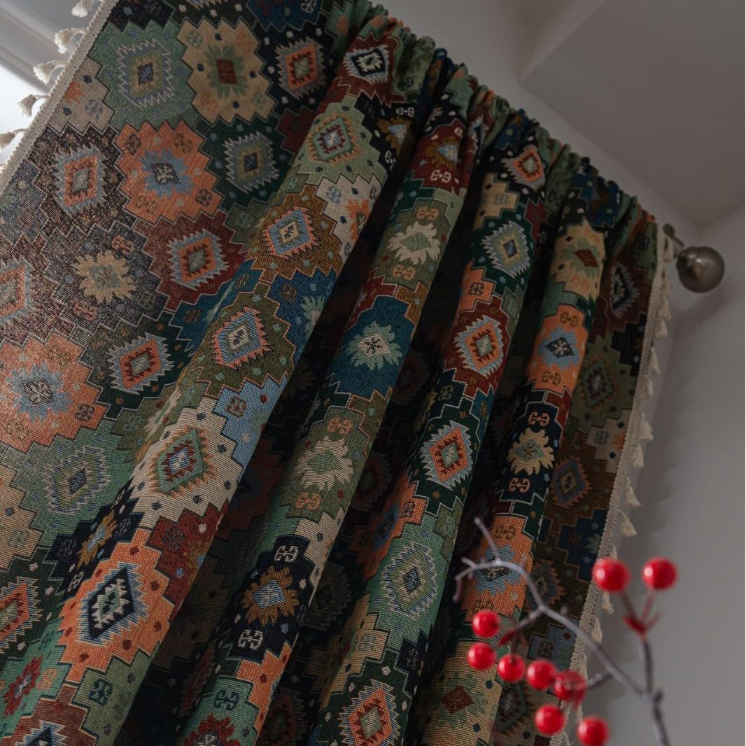 USTIDE Rustic Boho Curtain 1 Panel Green Diamond Bedroom Curtain Ethnic Tassels Light Filtering Drape,150x220cm — image 1