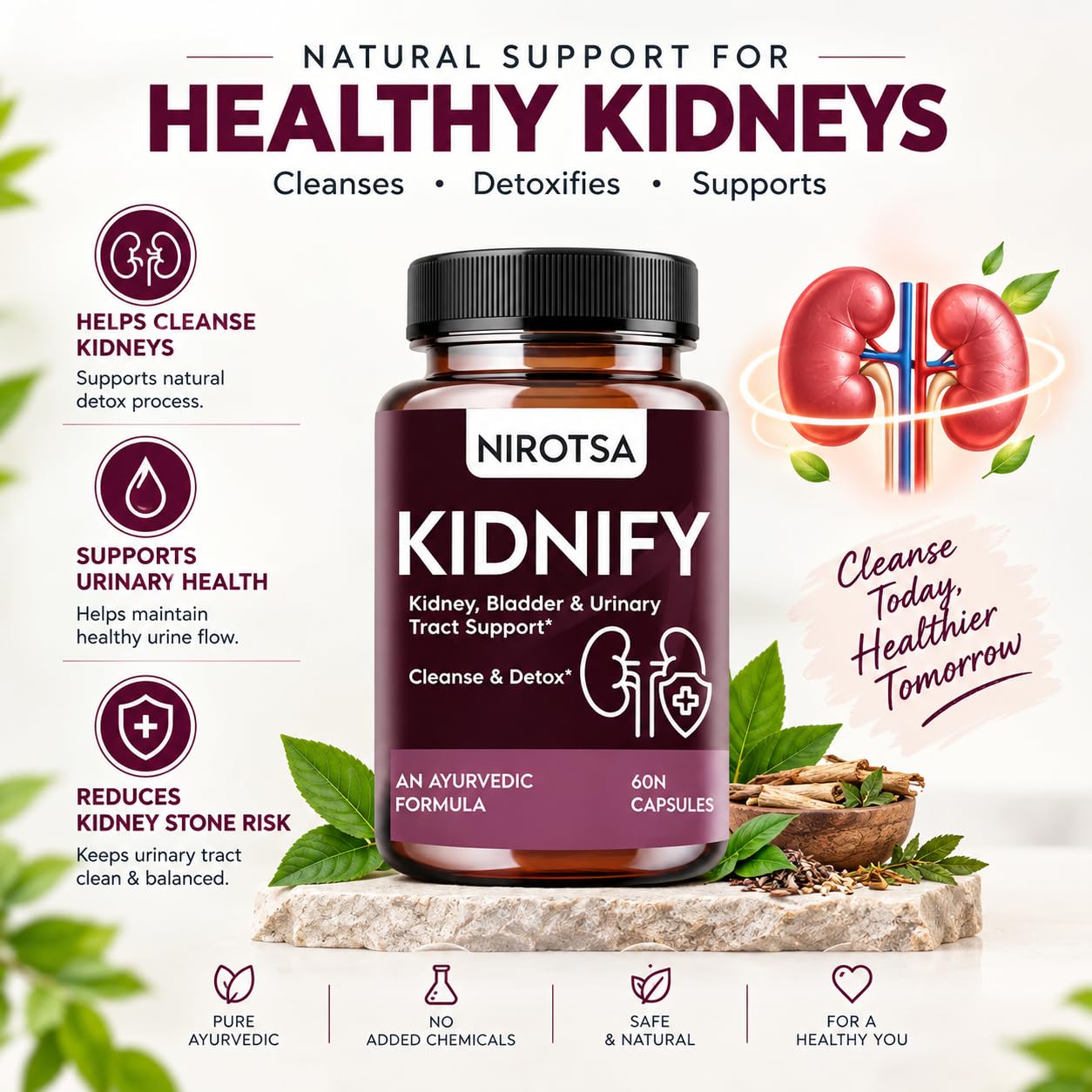 Kidnify Kidney Stones Support Supplement for Men & Women | Kidney Detox & Urinary Tract Health Capsules with Punarnava, Gokhru, Pashanbhed & More | Ayurvedic Formula | 60 Veg Capsules — Amazon image 3