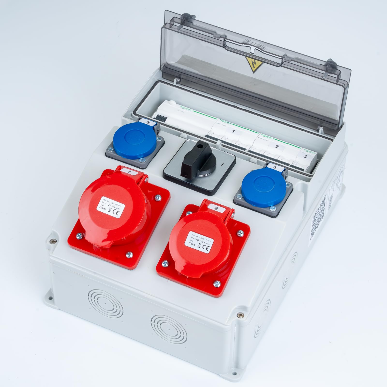Lumiled Baustromverteiler mit Hauptschalter 0/1 32A, LS+FI, 1x CEE 32A 5-polig, 1x CEE 16A 5-polig, 2x Schuko 230V, Wandverteiler IP65 mit IP44 Steckdosen für Baustelle und Werkstatt