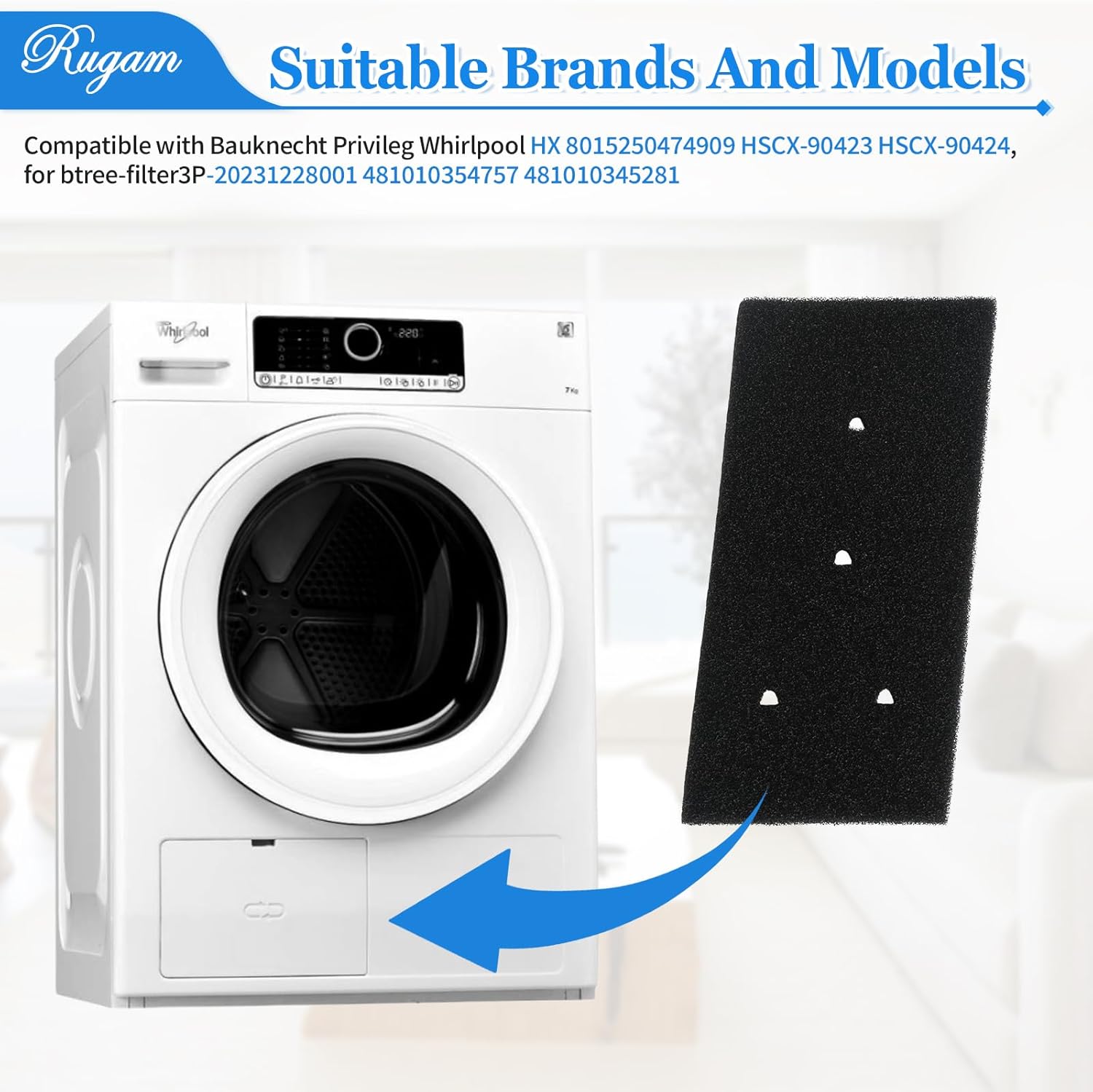 481010716911 4 Holes Dryer Filter Sponge Filter Compatible with Bauknecht Privileg Whirlpool HX 8015250474909 HSCX-90423 HSCX-90424, for btree-filter3P-20231228001 481010354757 481010345281 (5 Pack)