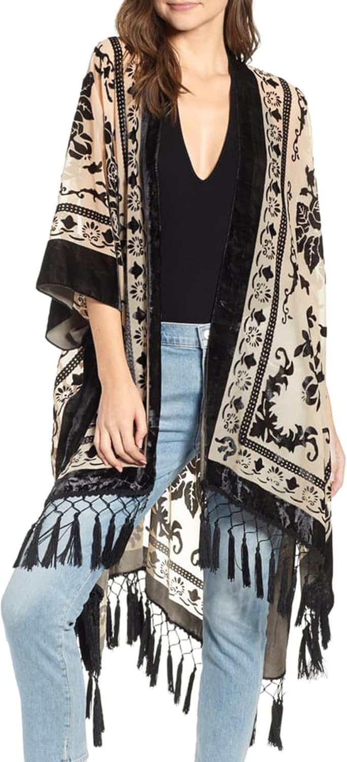 Women's Coverups Burnout Velvet Cardigan Casual Outfit Long Cover Up Kimono with Tassel
